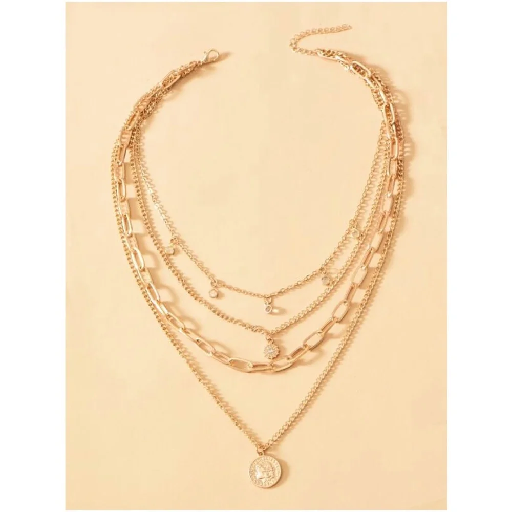 Multilayer Pendant Chain Necklace Set Boho Layered Gold Tone - Picture 2 of 8